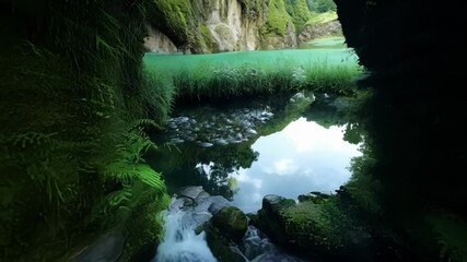 Poster - Rushing river flows through a moss covered cave entrance to a secluded lake in a magical fantasy forest. With water cascading over rocks in a beautiful. Natural setting