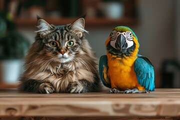 Poster - A fluffy cat and a blue and gold macaw perched on a wooden surface