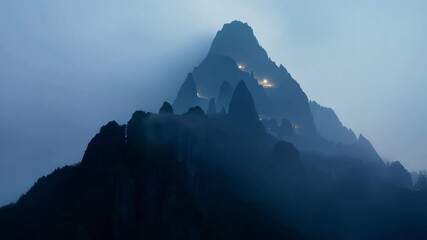 Poster - Majestic mountain peak is shrouded in fog and illuminated by the soft glow of twilight, creating a mysterious and ethereal atmosphere