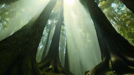 Aufkleber - Sunbeams gently break through misty forest canopy, casting magical light on moss covered roots of ancient trees, evoking tranquility and peace like a fairytale scene