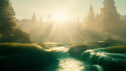 Poster - Sunlight pierces through fog in a magical forest with a river flowing gently. Enchanting and mysterious scene in green landscape