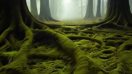 Poster - Gnarled roots of a giant tree are covered with vivid green moss, creating a mystical and enchanting atmosphere in an ancient forest