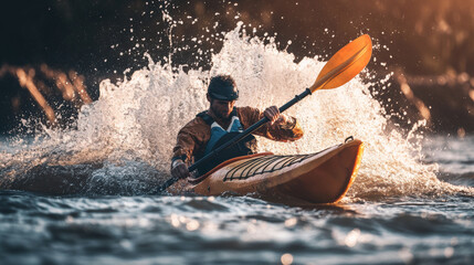 Closeup view of kayaking in sea water with splashes