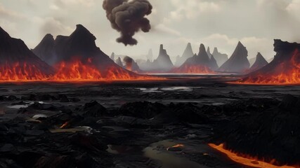 Poster - Majestic rivers of fiery lava flow from towering volcanoes. Casting an eerie glow over rugged black rocks and towering mountains under a cloudy sky