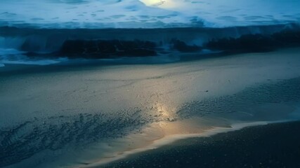 Poster - The sun shines on wet sand with a receding wave, creating mesmerizing light and bubbles. Water glistens under golden rays, reflecting nature's beauty on a serene shoreline