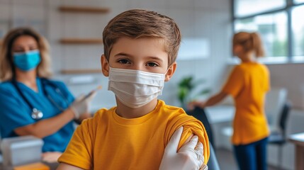 Poster - Nurse giving a vaccination shot to a child while a parent holds the childs hand for support in a calm and welcoming clinic environment Stock Photo with copy space