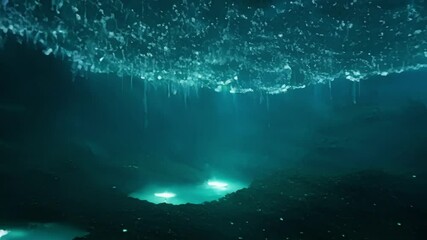 Aufkleber - Glowing bioluminescent organisms are illuminating a mysterious dark underwater cave. The light creates a magical fantasy atmosphere