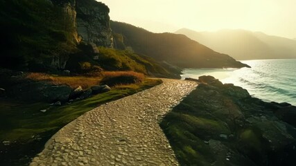 Poster - Winding stone path is leading along a dramatic coastline with a small building nestled into the cliffs, bathed in the warm glow of the setting sun