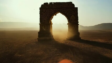 Poster - Ancient stone arch stands proudly in a vast desert landscape, illuminated by the rising sun, exuding mystery and magic. Weathered by time, it invites exploration of a rich history and culture