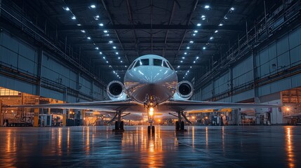 Wall Mural - Private jet airplane at the huge white hangar waiting for maintenance and repair jobs. Expensive and luxury trip is waiting after a passengers. Business jet prepared for departure. Luxury life