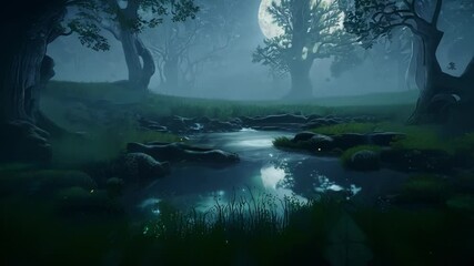 Poster - Mysterious forest at night with a full moon casting a soft glow, creating an eerie and enchanting atmosphere with fog blurring tree outlines, perfect for halloween or magical outdoor settings