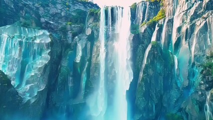Poster - Water plunges down from a cliff top, creating a turquoise pool at the bottom of this majestic waterfall surrounded by lush nature