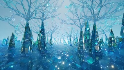 Aufkleber - Pathway winding through a crystal forest with light blue crystals glowing under a blue sky, creating a magical and otherworldly atmosphere