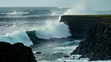 Poster - Giant ocean waves are building and crashing near a rugged, rocky coastline creating powerful whitewash and sea spray against a dramatic sky