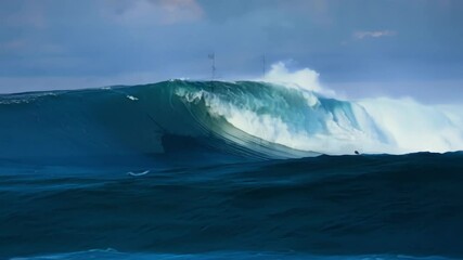 Poster - Massive ocean wave crashes onto a turbulent sea, showcasing nature's intense power and beauty in action