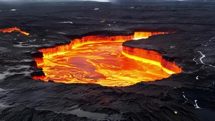 Poster - Mesmerizing river of fire flows through a dark volcanic landscape, glowing brightly in shades of red and orange, capturing the beauty and danger of nature's raw power