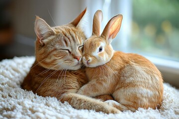 Poster - A Ginger Cat and a Brown Rabbit Snuggling Together on a Fuzzy Blanket