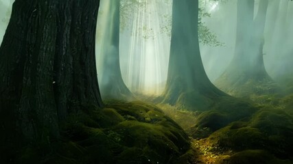 Aufkleber - Sunbeams gently illuminate a winding path in a foggy forest, creating a magical and mysterious atmosphere with lush greenery and ethereal enchantment