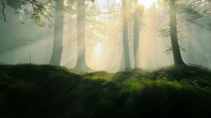 Aufkleber - Sunlight beams through misty forest, casting magical glow on lush greenery below, creating tranquil morning scene in wild woods
