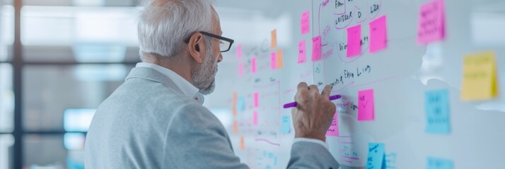 Poster - Diverse Group of Professional Adults Collaborates in High-Tech Office Brainstorming Session, Utilizing Transparent Smartboard for Innovative Problem-Solving