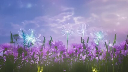 Poster - Purple flowers bloom in a vast field at sunset, with magical glowing flowers floating above, creating a tranquil scene of nature's enchanting beauty