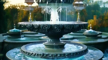 Poster - Water gushing from a multi tiered fantasy fountain decorated with intricate carvings and surrounded by a mysterious atmosphere
