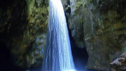 Poster - Water plunging into a dark cavern, framed by rock walls and greenery, creates a mesmerizing scene of raw power and beauty