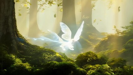 Poster - Glowing fairy flies through an enchanted forest at dawn, illuminating the moss covered ground and ancient trees with its ethereal light