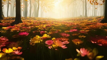Poster - Bright light is shining down on a field of flowers growing in the middle of a forest, illuminating the colorful petals