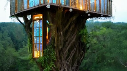 Poster - Glowing tree house is nestled in the branches of a giant tree in a lush forest, creating a magical and enchanting atmosphere