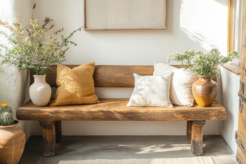 Rustic Entryway with Wooden Bench and Ceramic Vases