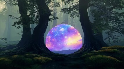 Poster - Magical portal is glowing between two trees in a dark fantasy forest, revealing a colorful galaxy with nebulae and stars. The mysterious atmosphere invites to imagine new worlds and adventures