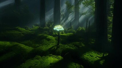 Aufkleber - Sunlight illuminating mysterious forest with glowing mushrooms and green moss, creating fairytale atmosphere