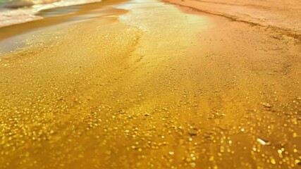 Poster - Gentle waves lapping on a golden sand beach, reflecting the warm hues of the setting sun, creating a magical and surreal atmosphere