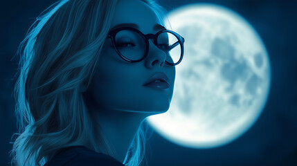 A stylish blonde woman in glasses looks thoughtfully, glowing moon in the dark background.