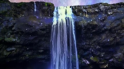 Poster - Waterfall cascading down a mountainside at night surrounded by thousands of bright sparkles, creating a magical scene