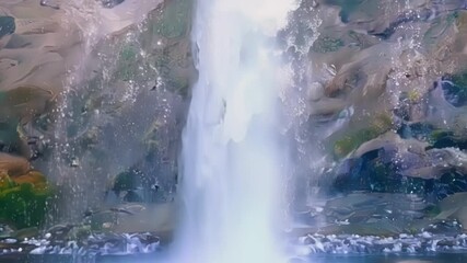 Aufkleber - Waterfall is flowing down between rocks in a fantasy style, creating a beautiful and ethereal scene. The water cascades down with a mystical and dreamlike quality