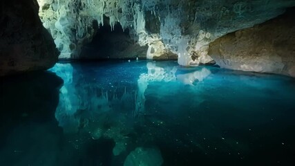 Aufkleber - Turquoise water reflecting stalactites hanging from the ceiling of a cave, creating a magical and mysterious atmosphere