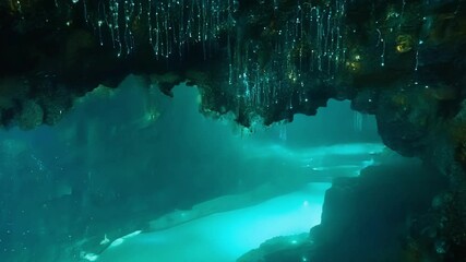 Aufkleber - Turquoise water glowing in an underwater cave, illuminated by bioluminescent lights, creating a magical and fantasy atmosphere