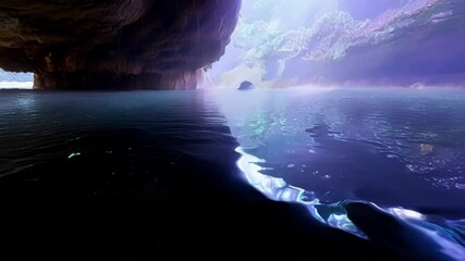 Poster - Exploring a cave with a turquoise lake reflecting a purple sky, creating a surreal and enchanting landscape perfect for adventurous travelers seeking a dreamlike destination