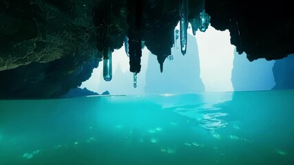 Aufkleber - Turquoise water drips from stalactites inside a dark cave, creating a magical and mysterious atmosphere. The water shimmers and reflects the light, illuminating the cave
