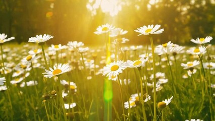 Poster - Field of blooming daisies in the setting sun, creating a dreamy atmosphere with white and yellow flowers. Peaceful nature background