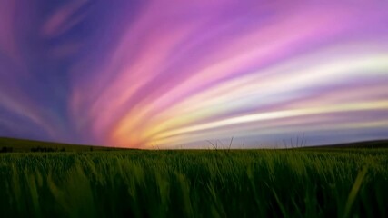 Poster - Green wheat is growing in a field, under a fantasy sunset sky with a beautiful rainbow. The colorful sky is reflected in the dew drops
