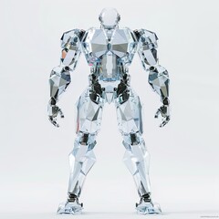 A clear, angular robot in 3D, crafted from crystal-like materials, standing against a white background with light reflecting off its surfaces.