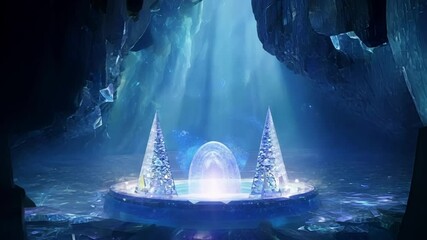 Poster - Crystal ball is glowing on a pedestal, deep in a mystic cave, surrounded by green fog, with light beams shining down from the cave ceiling