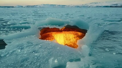 Aufkleber - Beneath icy lake. Glowing embers form heart shaped portal to fiery underworld. Blending fire and ice in surreal scene. Contrast of cold wasteland and intense heat is captivating and thought provoking