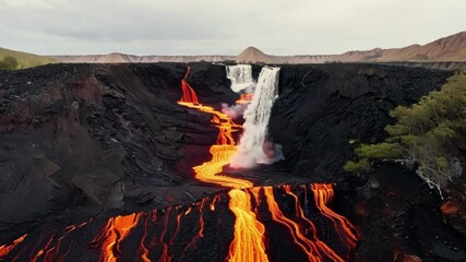 Poster - Stunning fantasy landscape with a waterfall cascading into lava, surrounded by rocks and trees emitting smoke and steam, capturing nature's power and beauty in a volcanic eruption at dusk