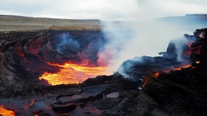 Aufkleber - Bright orange molten lava flowing from the mouth of a volcano, creating a fantasy landscape of hardened black rock formations