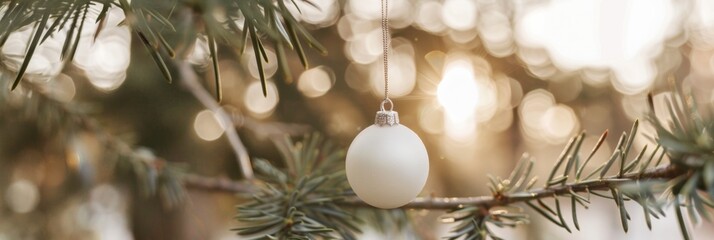 Poster - Minimalistic White Christmas Ornament Hanging on Pine Branch at Sunrise Capturing Winter Holiday Spirit