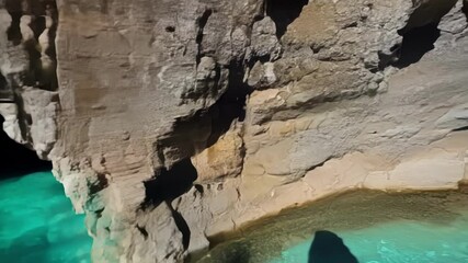 Aufkleber - Discover the enchanting cave with turquoise water and hanging stalactites, creating a mysterious and magical atmosphere perfect for adventure seekers